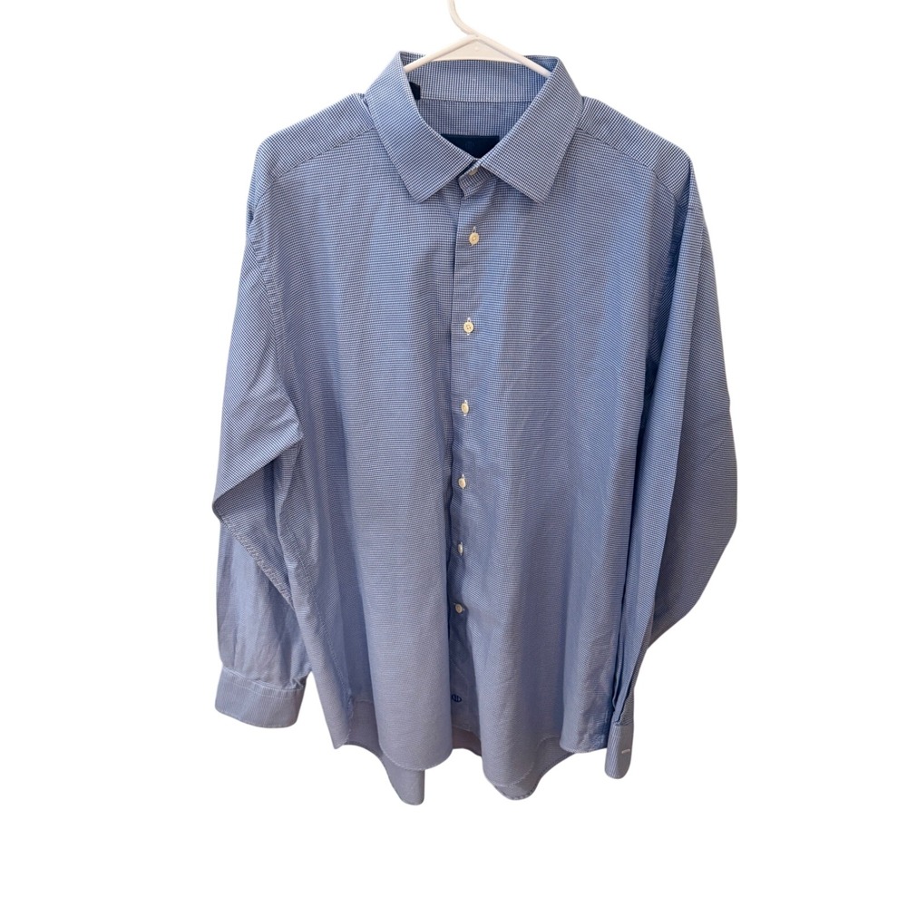 David Donahue Mens 17.5 36/37 Blue Micro Check Cotton Dress‎ Shirt Button Down